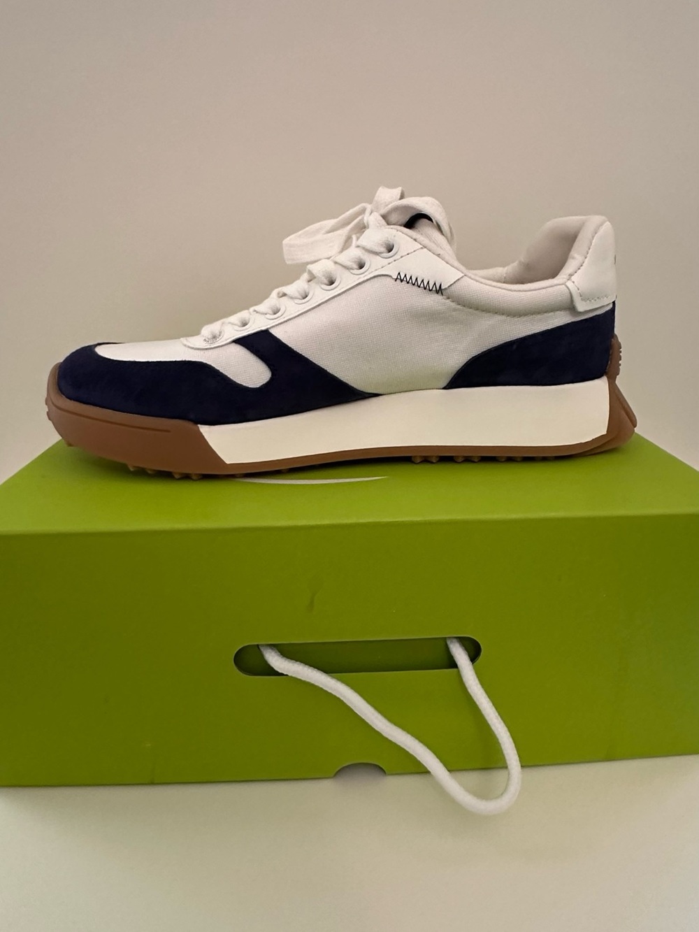 Sam Edelman White and Navy Runner Sneaker with Brown Sole